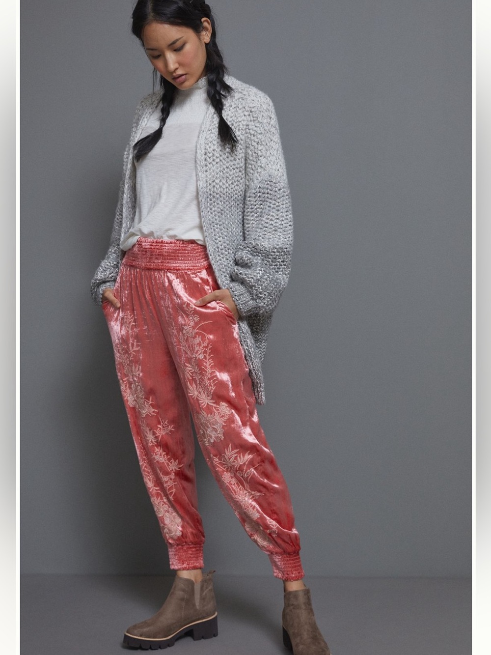 Anthropologie Velvet Embroidered Jogger Pants